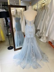 2026 Sparkly Light Blue Embroidered Beaded Sequined Draped V-NECK Mermaid Floor-Length Prom Dress Zipper Back New Design