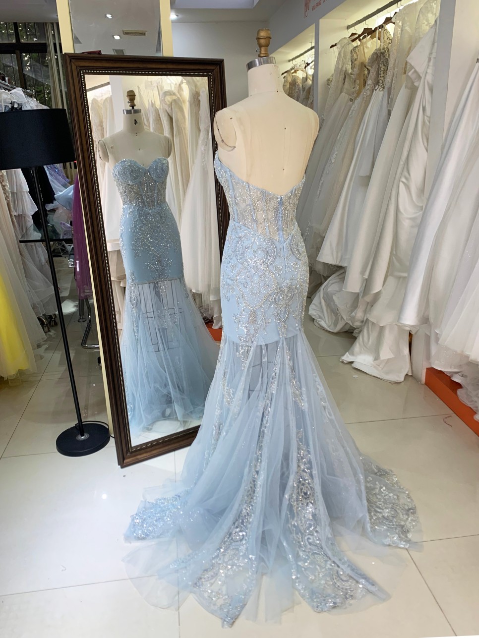 2026 Sparkly Light Blue Embroidered Beaded Sequined Draped V-NECK Mermaid Floor-Length Prom Dress Zipper Back New Design