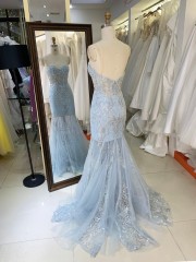 2026 Sparkly Light Blue Embroidered Beaded Sequined Draped V-NECK Mermaid Floor-Length Prom Dress Zipper Back New Design