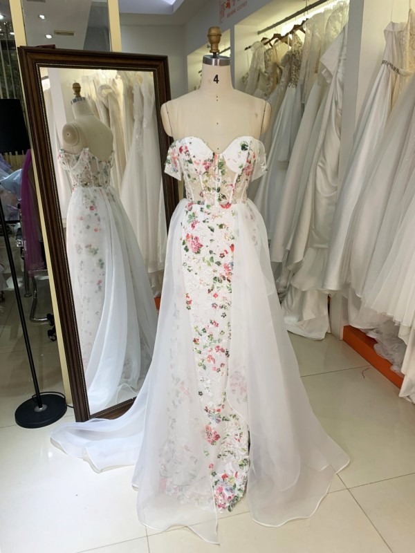 2026 High Quality Mermaid Tulle Floral Lace Floor-Length Luxury Prom Dress White Shoulder Evening Party Sweep Train