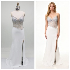 2026 Stunning Crystal Embellished Beaded Upper Body Sexy Corset High Slit Satin Fabric Mermaid Sweep Train Prom Evening Dress