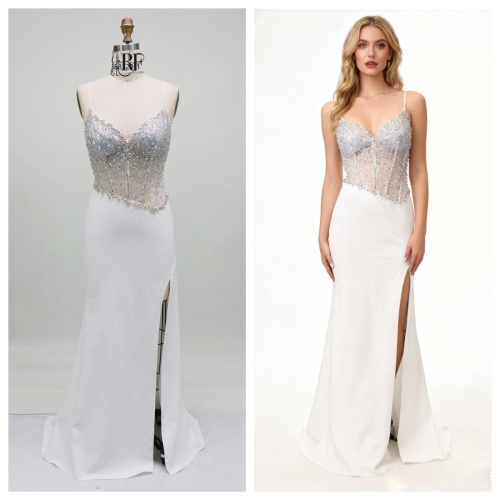 2026 Stunning Crystal Embellished Beaded Upper Body Sexy Corset High Slit Satin Fabric Mermaid Sweep Train Prom Evening Dress