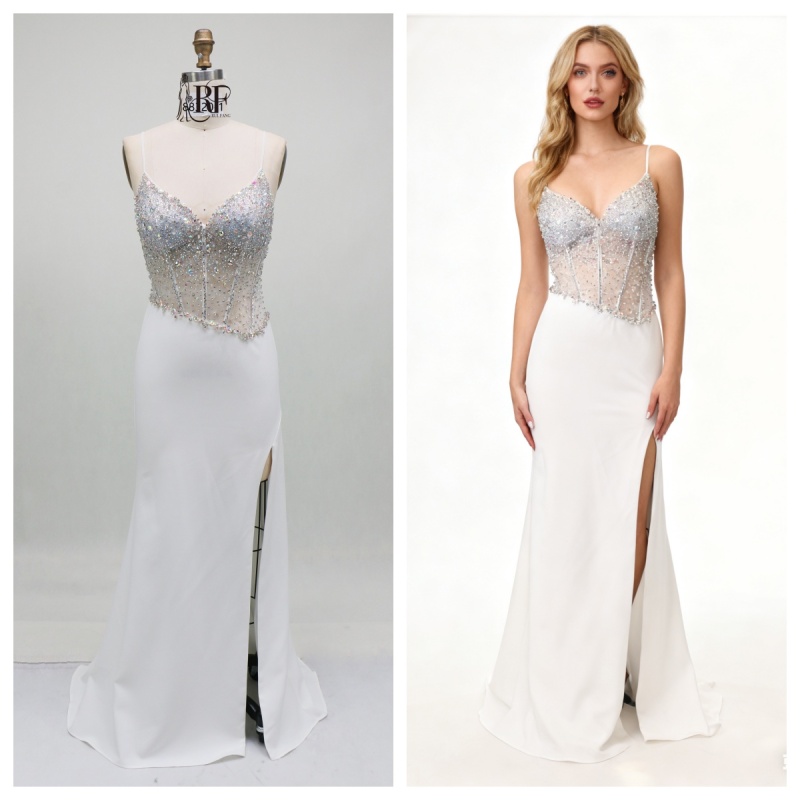 2026 Stunning Crystal Embellished Beaded Upper Body Sexy Corset High Slit Satin Fabric Mermaid Sweep Train Prom Evening Dress
