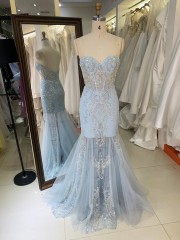 2026 Sparkly Light Blue Embroidered Beaded Sequined Draped V-NECK Mermaid Floor-Length Prom Dress Zipper Back New Design