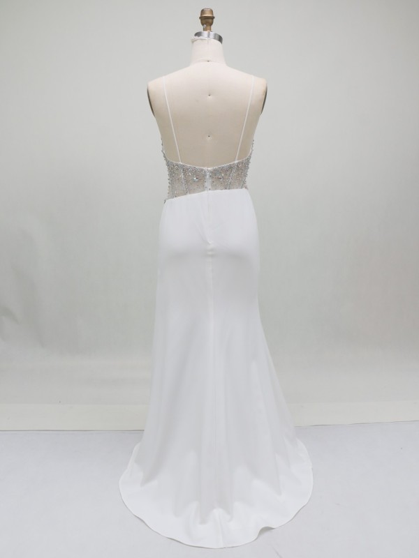 2026 Stunning Crystal Embellished Beaded Upper Body Sexy Corset High Slit Satin Fabric Mermaid Sweep Train Prom Evening Dress