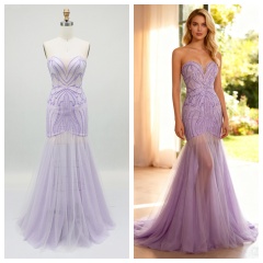 2026 Chic Lilac Beaded Sexy Sleeveless Tulle Mermaid Floor-Length Evening Dress Embroidered Zipper Back Sweep New Design Prom