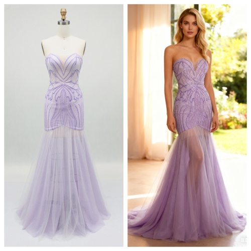 2026 Chic Lilac Beaded Sexy Sleeveless Tulle Mermaid Floor-Length Evening Dress Embroidered Zipper Back Sweep New Design Prom