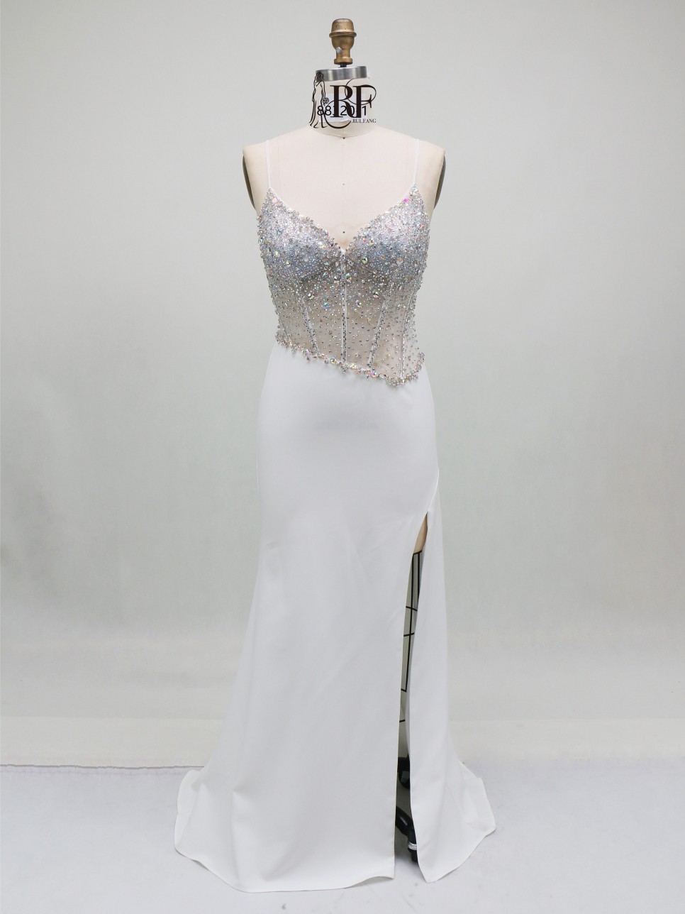 2026 Stunning Crystal Embellished Beaded Upper Body Sexy Corset High Slit Satin Fabric Mermaid Sweep Train Prom Evening Dress