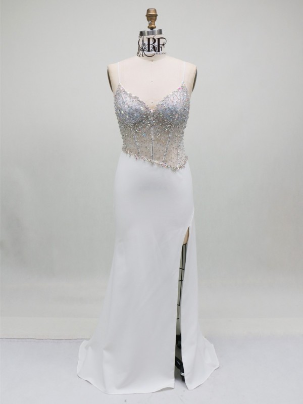 2026 Stunning Crystal Embellished Beaded Upper Body Sexy Corset High Slit Satin Fabric Mermaid Sweep Train Prom Evening Dress