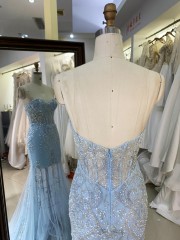 2026 Sparkly Light Blue Embroidered Beaded Sequined Draped V-NECK Mermaid Floor-Length Prom Dress Zipper Back New Design