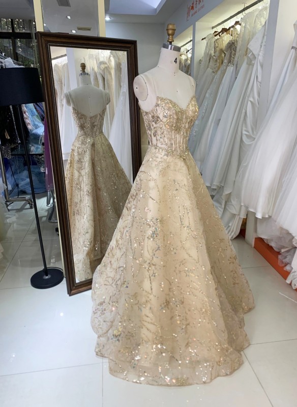 Gold Color Design Dresses Ball Dress Sleeveless Prom Evening Dress with Glitter a Line Formal Long Dresses for Women