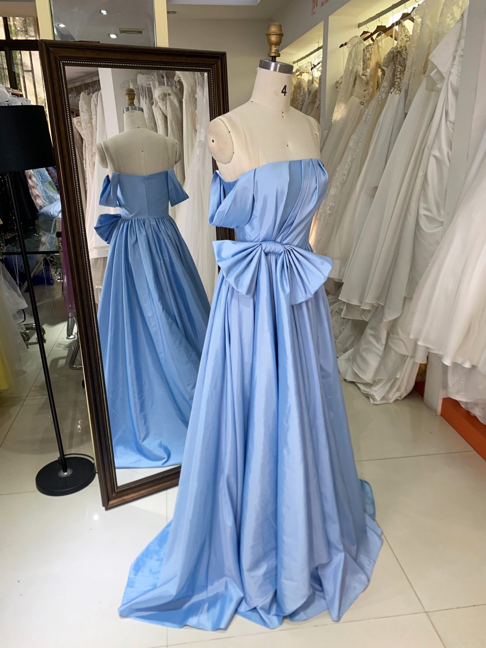 2026 New Styles Baby Blue with Bow Floor-Length Evening Party Dress Elegant Simple Long Dress with Zipper Back