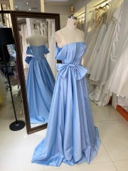 2026 New Styles Baby Blue with Bow Floor-Length Evening Party Dress Elegant Simple Long Dress with Zipper Back