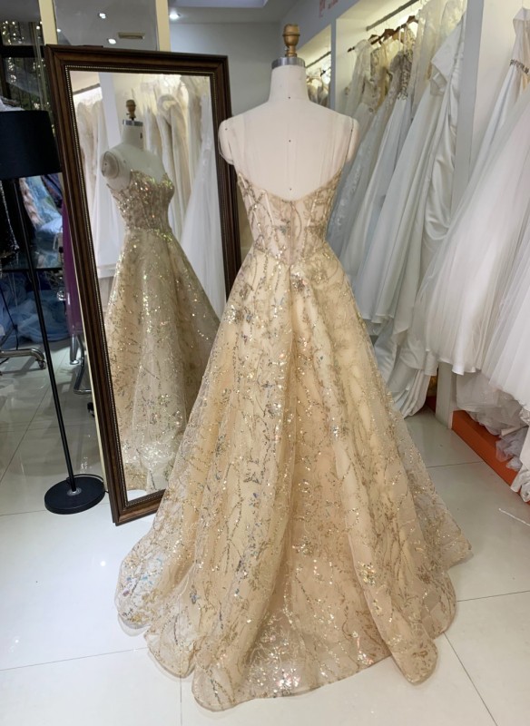 Gold Color Design Dresses Ball Dress Sleeveless Prom Evening Dress with Glitter a Line Formal Long Dresses for Women