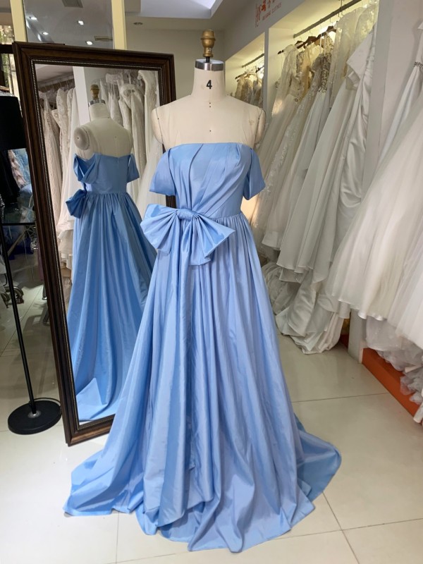 2026 New Styles Baby Blue with Bow Floor-Length Evening Party Dress Elegant Simple Long Dress with Zipper Back