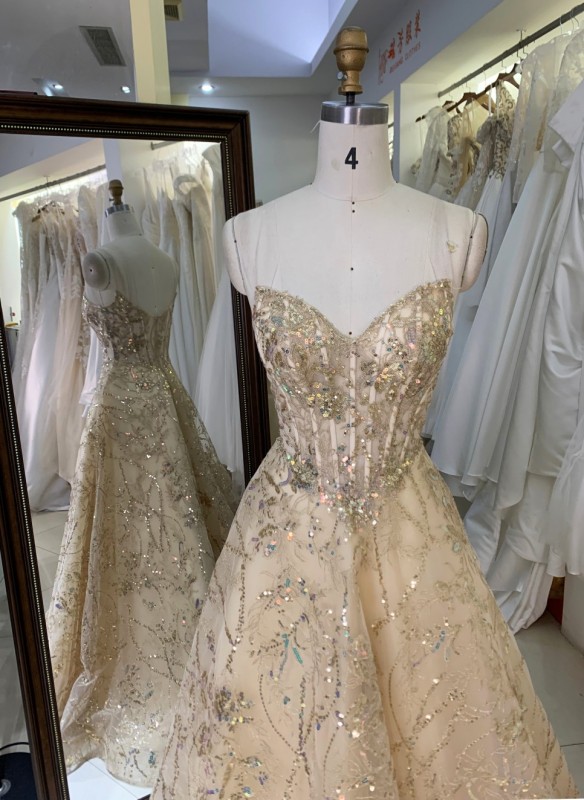 Gold Color Design Dresses Ball Dress Sleeveless Prom Evening Dress with Glitter a Line Formal Long Dresses for Women