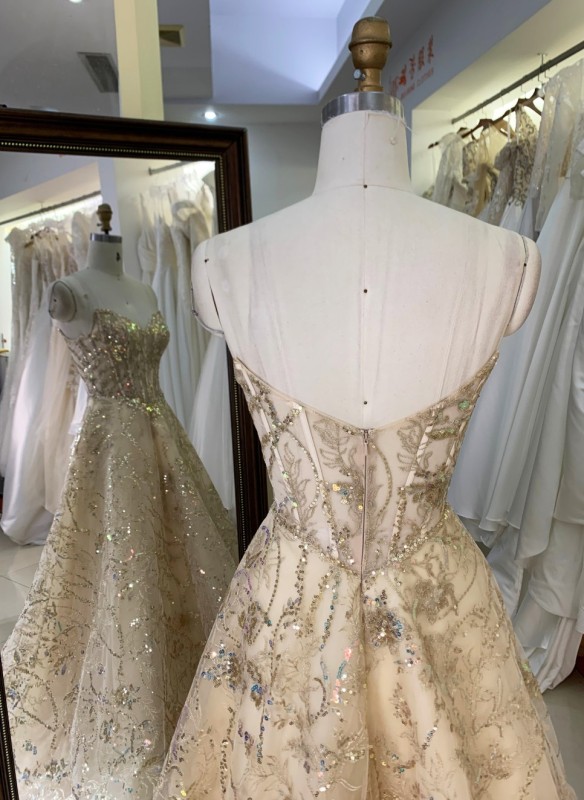 Gold Color Design Dresses Ball Dress Sleeveless Prom Evening Dress with Glitter a Line Formal Long Dresses for Women