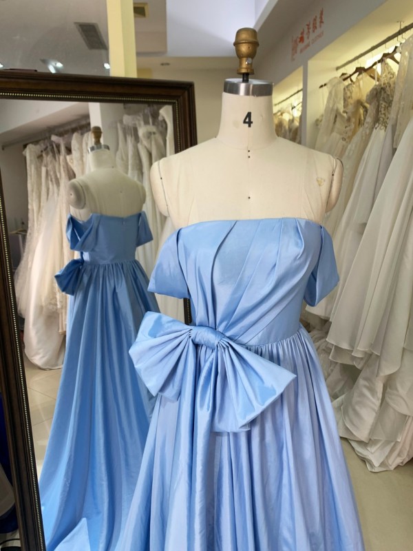 2026 New Styles Baby Blue with Bow Floor-Length Evening Party Dress Elegant Simple Long Dress with Zipper Back