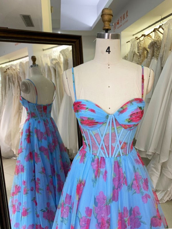 2026 High Quality A-line Tulle Prom Dress Sweetheart Neck Floor-Length with Pleated Floral Print Luxury Prom Dress