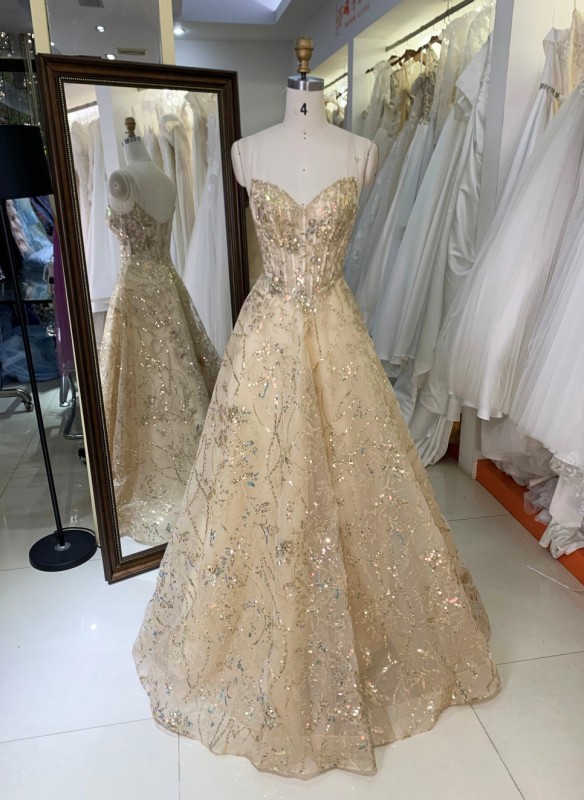 Gold Color Design Dresses Ball Dress Sleeveless Prom Evening Dress with Glitter a Line Formal Long Dresses for Women
