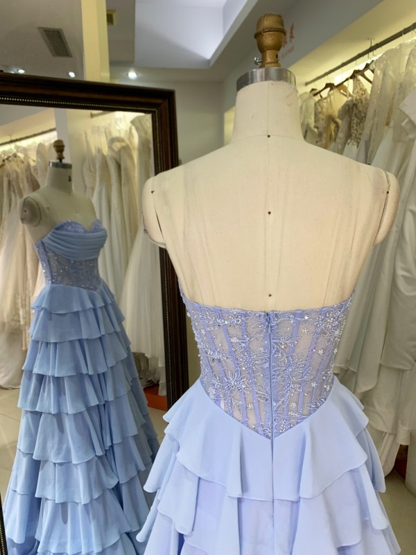 New Fashionable Ball Gown Prom Dress Boning Bodice Ruffle Princess Skirt with Sweetheart Evening Dresses Sleeveless for Party