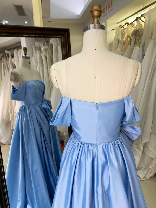 2026 New Styles Baby Blue with Bow Floor-Length Evening Party Dress Elegant Simple Long Dress with Zipper Back