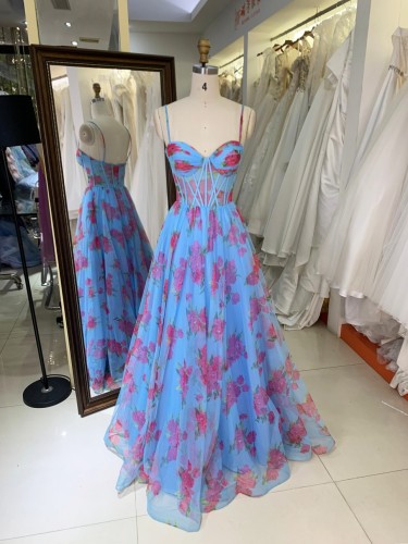 2026 High Quality A-line Tulle Prom Dress Sweetheart Neck Floor-Length with Pleated Floral Print Luxury Prom Dress