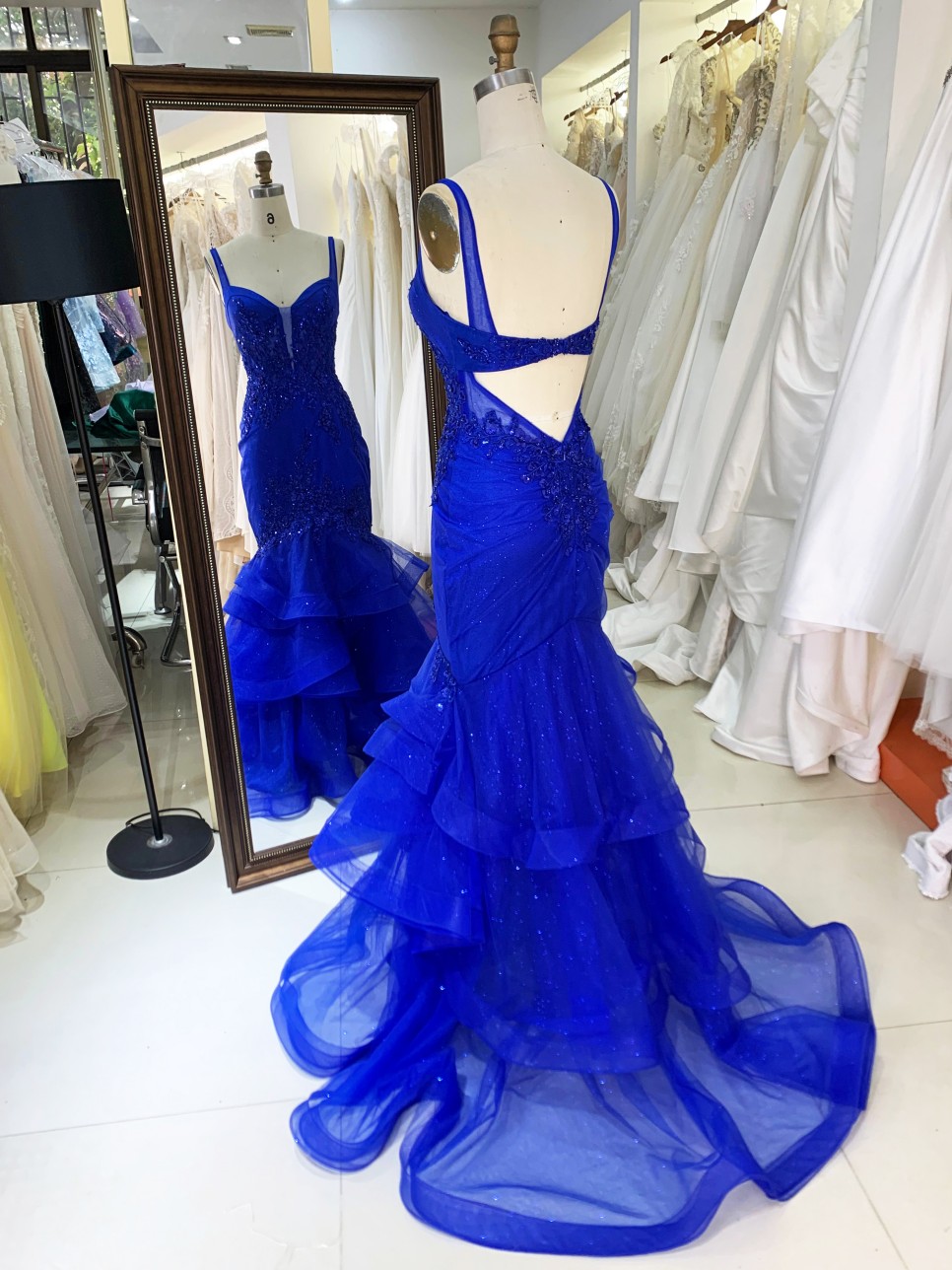 Dusty Blue with Embroidered Flowers Beautiful Mermaid Prom Evening Dress White Cocktail Dress