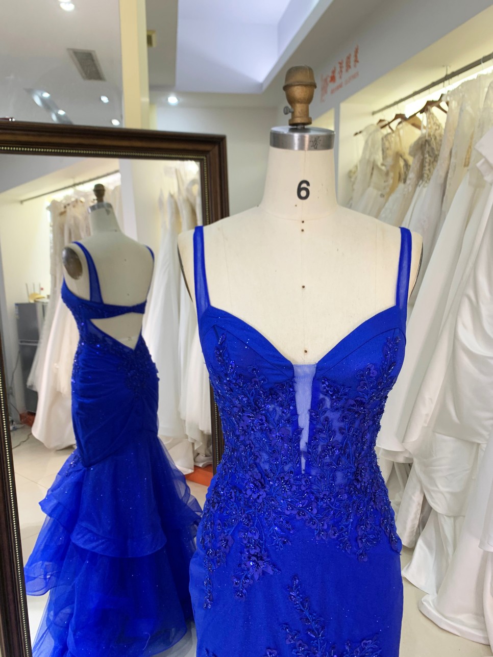 Dusty Blue with Embroidered Flowers Beautiful Mermaid Prom Evening Dress White Cocktail Dress