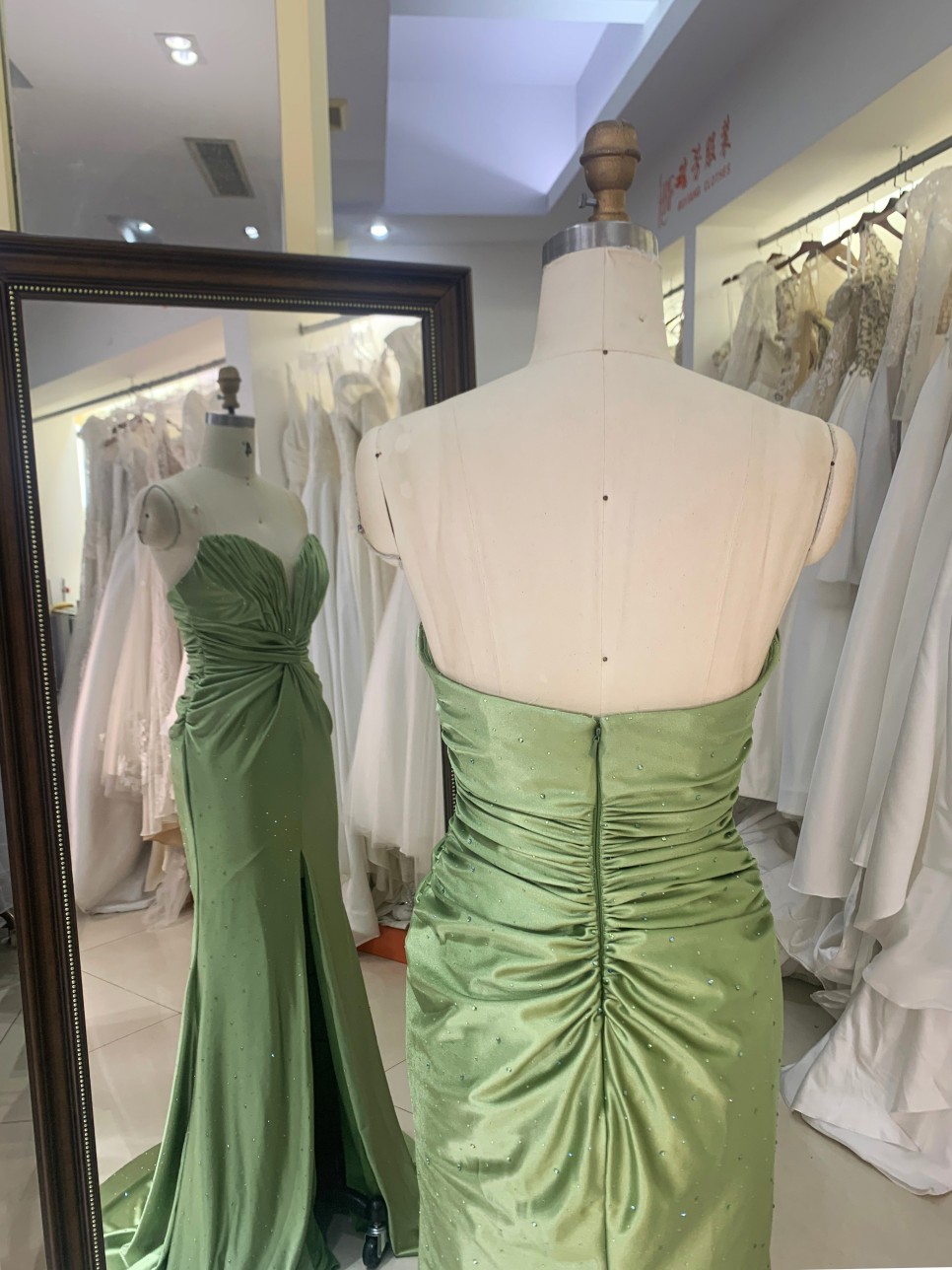 2026 Chic Sage Green Strapless Satin Sweep Train Floor-Length Prom Dress for Women Cutout Mermaid Formal Evening Gown with Slit