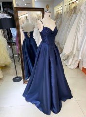 Dark Navy Blue Satin Evening Dress with Beading with Lace up Back Floor-Length Wholesale Princess Prom Dresses