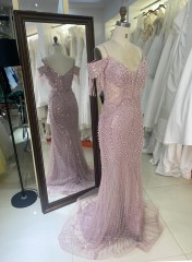 2026 Luxury Spaghetti Strap Floor-Length Mermaid V-Neck Evening Gown with Beaded Embroidery Sequins Crystals Sweep Train