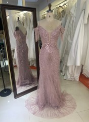 2026 Luxury Spaghetti Strap Floor-Length Mermaid V-Neck Evening Gown with Beaded Embroidery Sequins Crystals Sweep Train