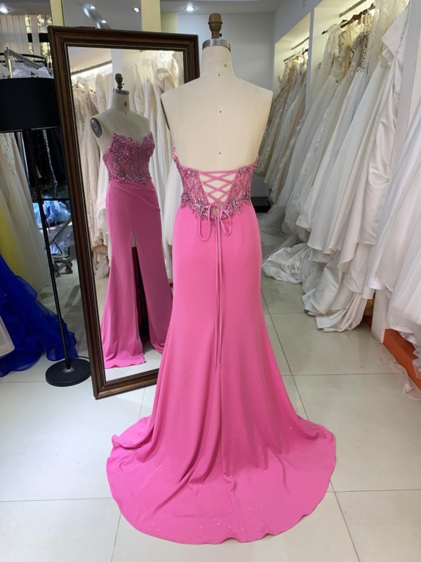 2026 High Quality Chic Hot Pink Laced Bodice Fitted Prom Dress Rhinestone Mermaid Strapless Floor-Length Satin Fabric