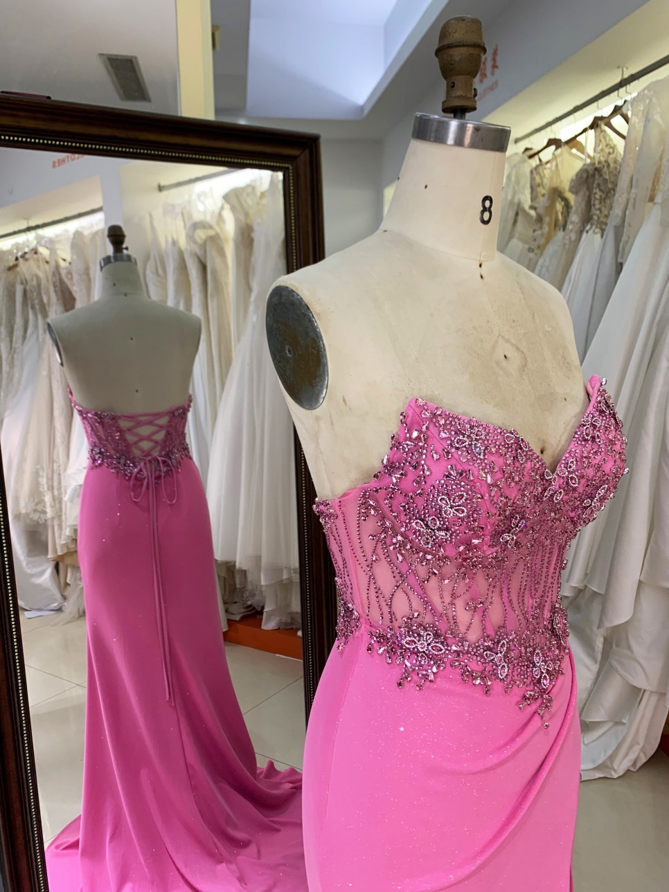 2026 High Quality Chic Hot Pink Laced Bodice Fitted Prom Dress Rhinestone Mermaid Strapless Floor-Length Satin Fabric