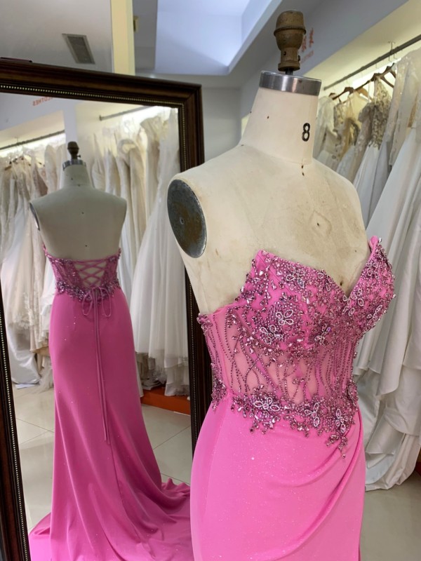 2026 High Quality Chic Hot Pink Laced Bodice Fitted Prom Dress Rhinestone Mermaid Strapless Floor-Length Satin Fabric