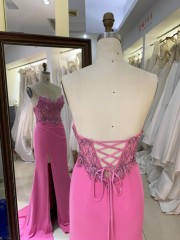 2026 High Quality Chic Hot Pink Laced Bodice Fitted Prom Dress Rhinestone Mermaid Strapless Floor-Length Satin Fabric