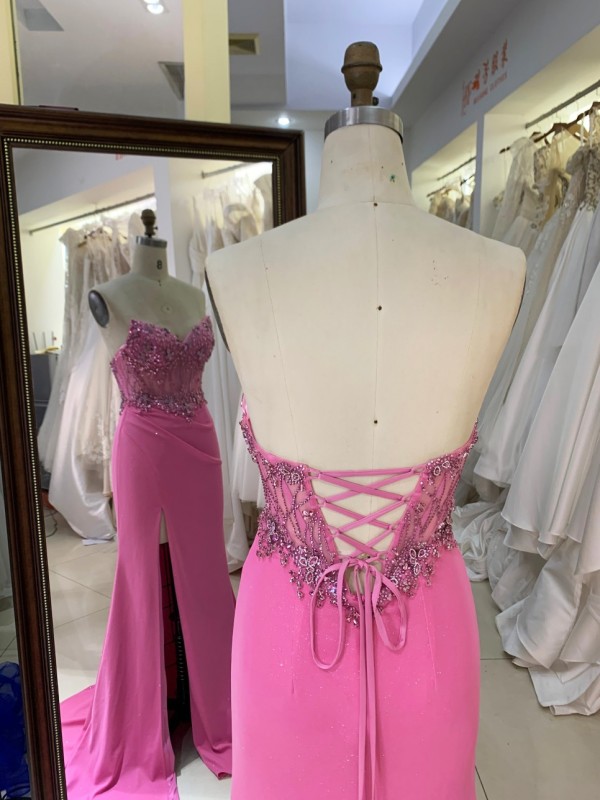 2026 High Quality Chic Hot Pink Laced Bodice Fitted Prom Dress Rhinestone Mermaid Strapless Floor-Length Satin Fabric