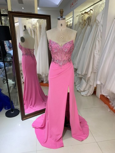 2026 High Quality Chic Hot Pink Laced Bodice Fitted Prom Dress Rhinestone Mermaid Strapless Floor-Length Satin Fabric