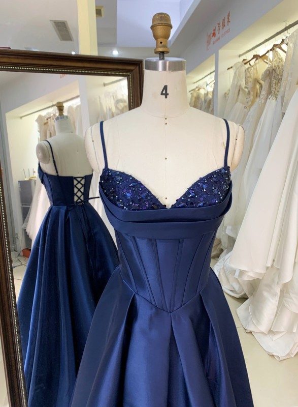 Dark Navy Blue Satin Evening Dress with Beading with Lace up Back Floor-Length Wholesale Princess Prom Dresses