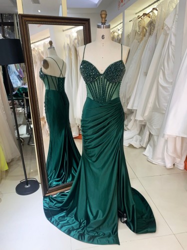 Wholesale Emerald Green Long Party Dresses Corset Boning with Bead Lace-up Back for Party Evening Wear
