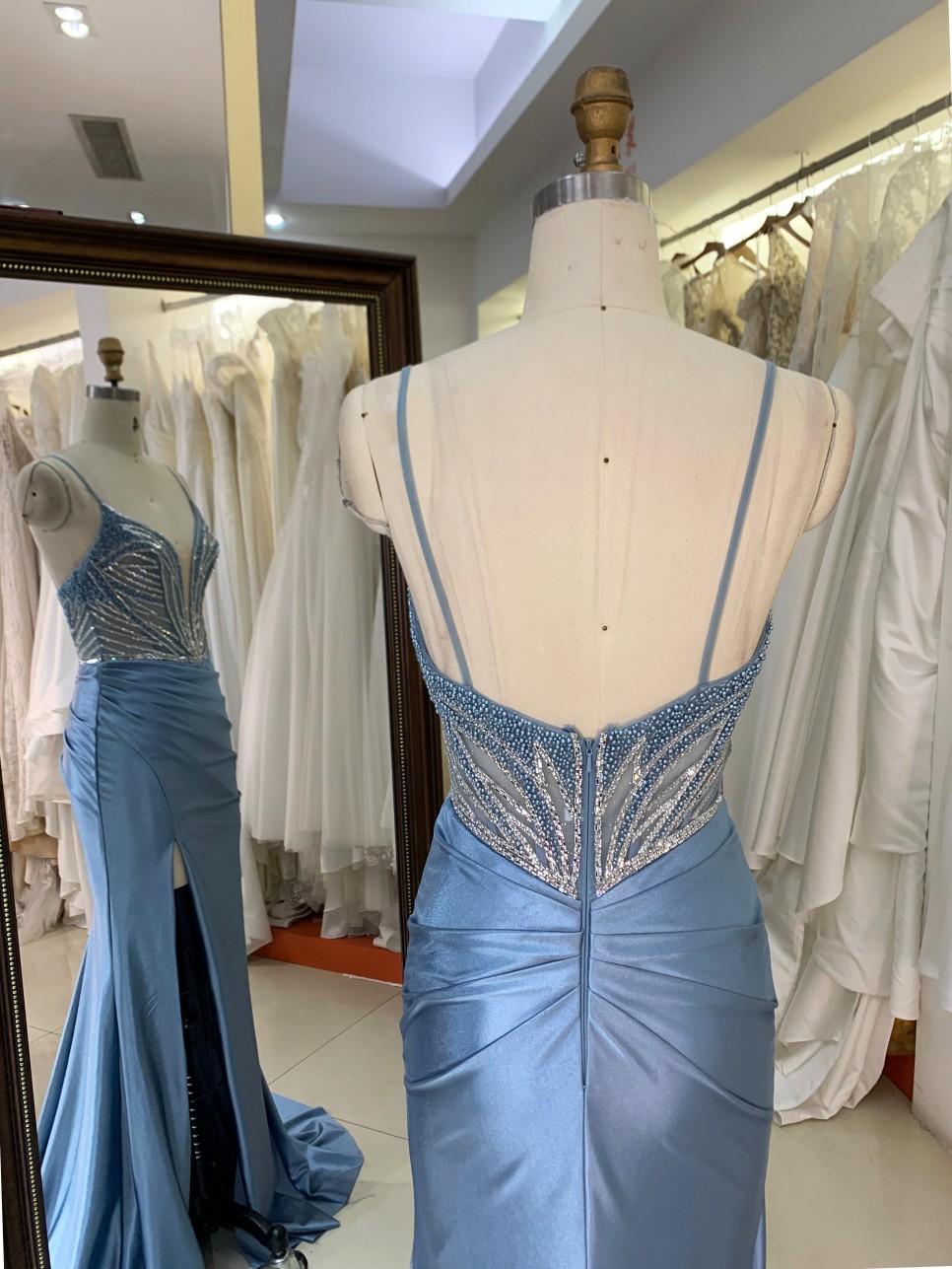 Elegant A-Line Beautiful Floor Length Blue Color Dressed Evening Dress with Rhinestone Sexy Evening Dresses