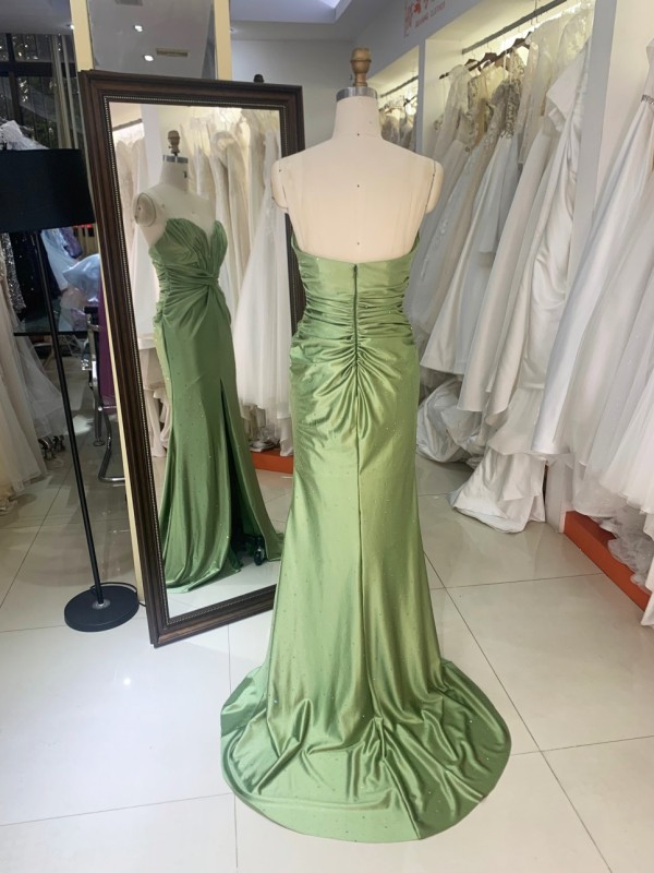 2026 Chic Sage Green Strapless Satin Sweep Train Floor-Length Prom Dress for Women Cutout Mermaid Formal Evening Gown with Slit