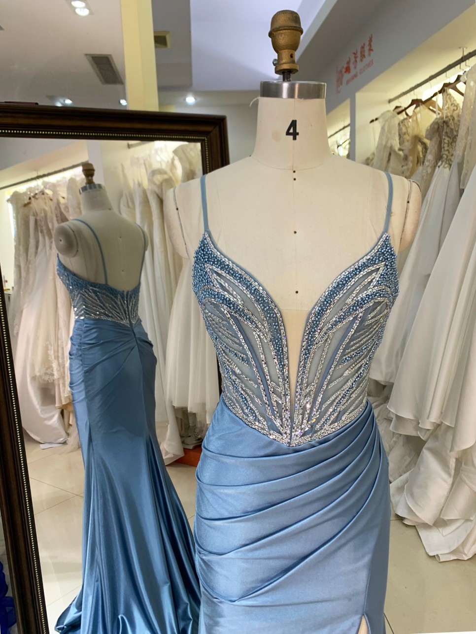 Elegant A-Line Beautiful Floor Length Blue Color Dressed Evening Dress with Rhinestone Sexy Evening Dresses