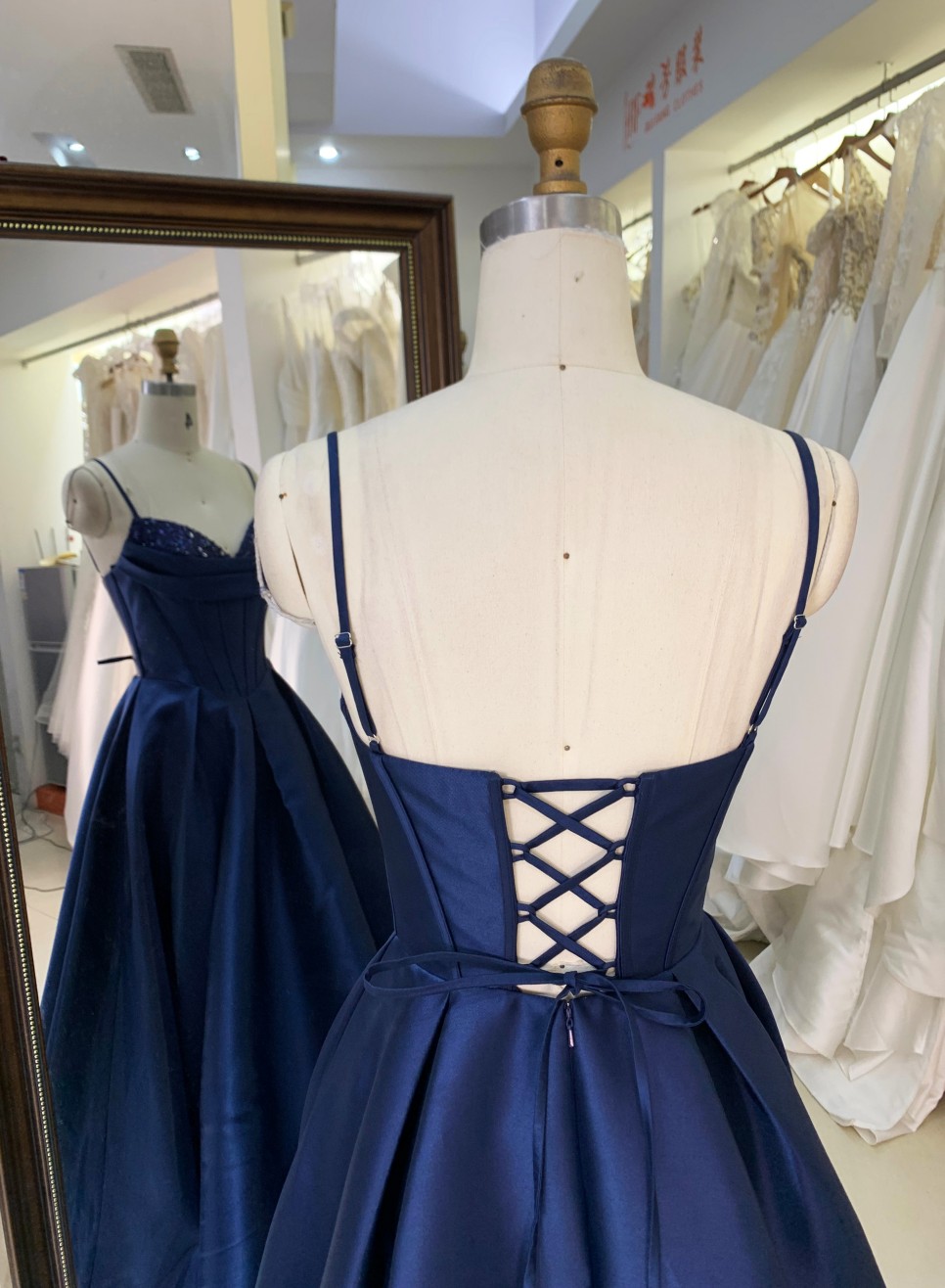 Dark Navy Blue Satin Evening Dress with Beading with Lace up Back Floor-Length Wholesale Princess Prom Dresses