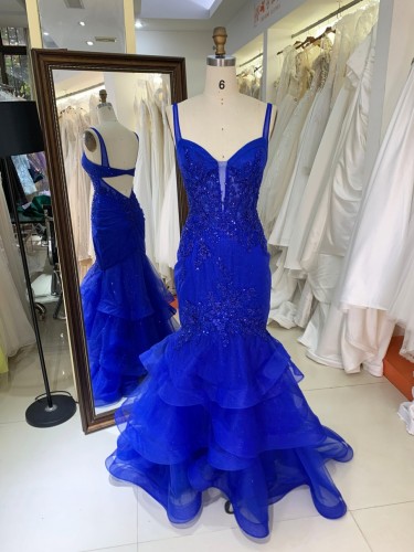 Dusty Blue with Embroidered Flowers Beautiful Mermaid Prom Evening Dress White Cocktail Dress