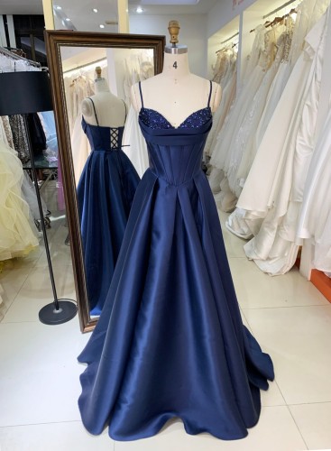 Dark Navy Blue Satin Evening Dress with Beading with Lace up Back Floor-Length Wholesale Princess Prom Dresses