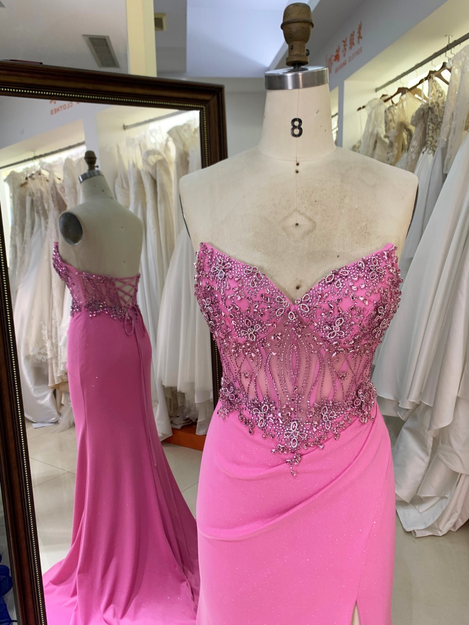 2026 High Quality Chic Hot Pink Laced Bodice Fitted Prom Dress Rhinestone Mermaid Strapless Floor-Length Satin Fabric