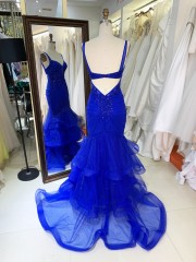 Dusty Blue with Embroidered Flowers Beautiful Mermaid Prom Evening Dress White Cocktail Dress