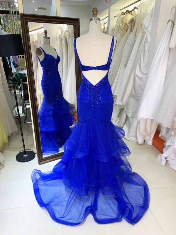 Dusty Blue with Embroidered Flowers Beautiful Mermaid Prom Evening Dress White Cocktail Dress